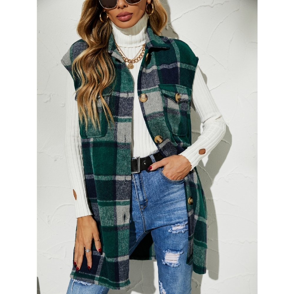 SHEIN Green Blue Plaid Flannel Vest Long Cardigan Shacket Medium M NWOT